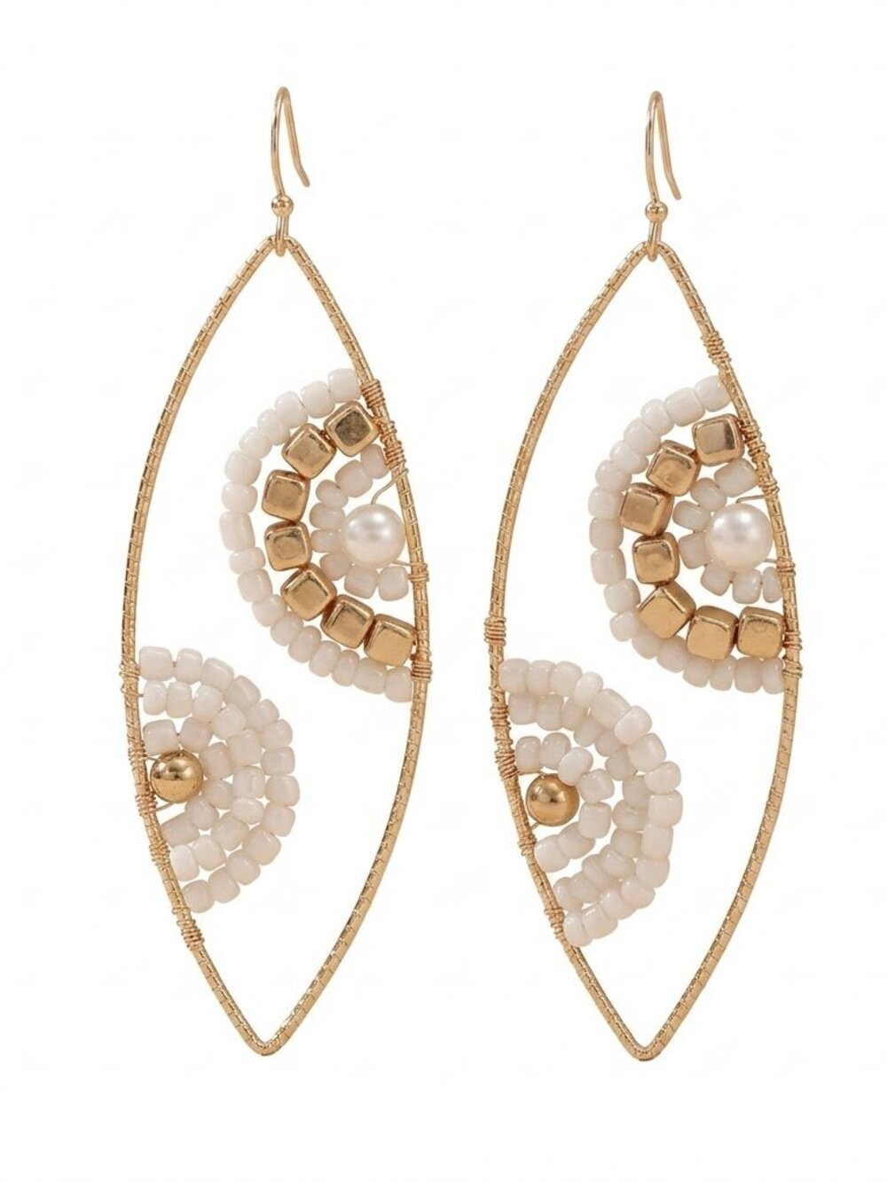 🆕️ Gold Beaded Hoop Dangle Earrings with Faux Pearls & Metal Cubes - Art Deco G
